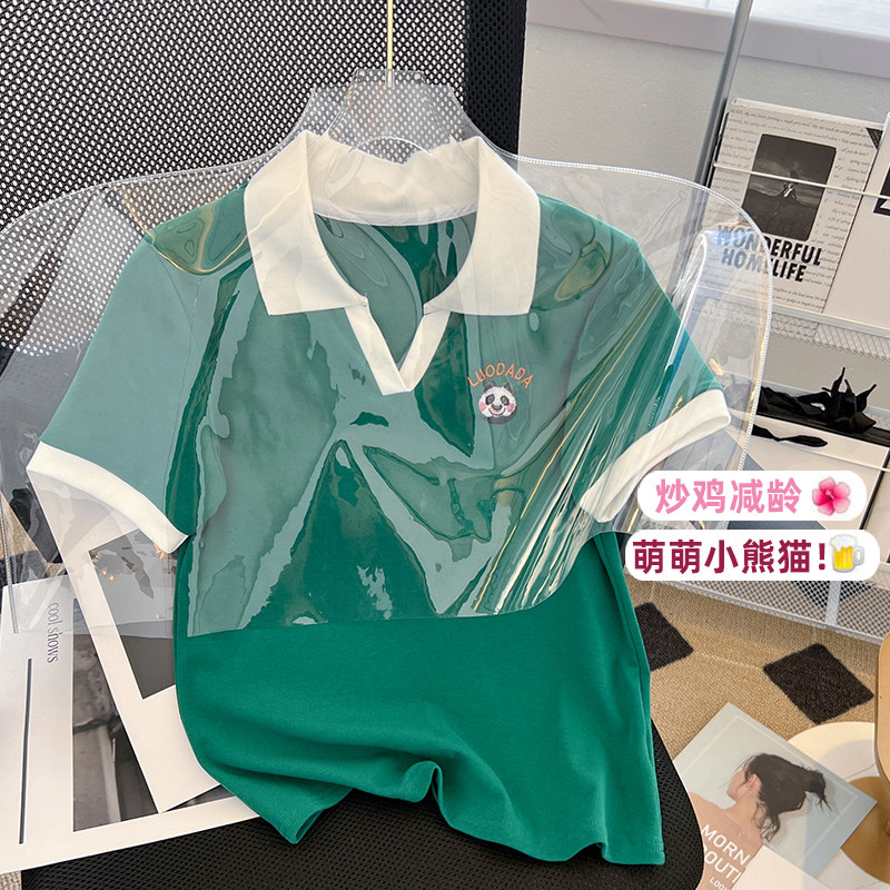 CLEARANCE PICK-UP COUNTER WITHDRAWAL WOMENS POLO COLLAR EMBROIDERY SHORT-SLEEVED T-SHIRT DESIGN SENSE NICHE UNIQUE CHIC TOP