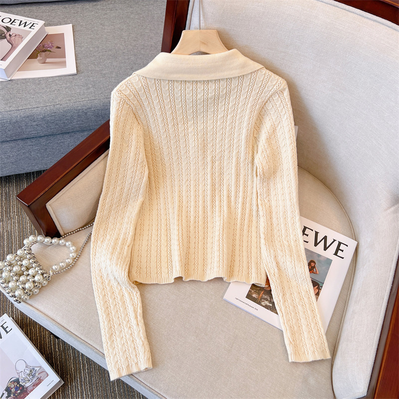 BIG BRANDS PICK UP THE KOREAN INS-STYLE POLO NECK KNITTED CARDIGAN WOMENS 2024 NEW FRENCH HIGH-QUALITY SWEATER JACKET