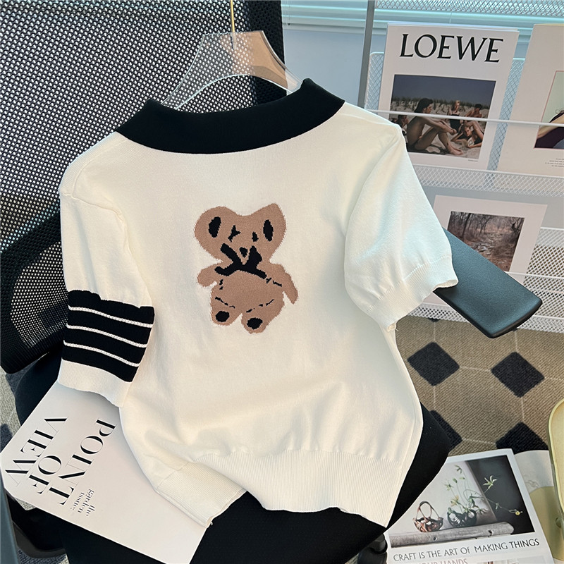 CLEARANCE PICK-UP LEAKAGE FOREIGN TRADE BIG BRAND CUT LABEL BEAR ICE SILK KNIT SWEATER WOMENS COLLEGE STYLE AGE REDUCTION THIN POLO NECK TOP