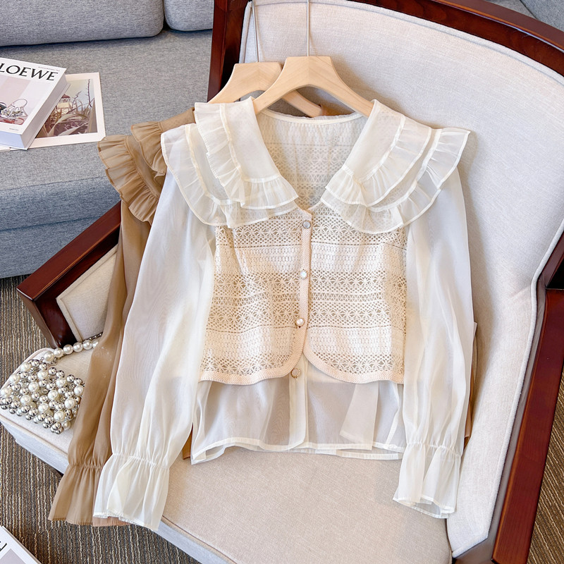 CLEARANCE PICKS UP BIG BRAND SPRING AND AUTUMN FRENCH DOUBLE-LAYER DOLL COLLAR SHIRT WOMENS DESIGN SENSE HOLLOW CROCHET VEST FAKE TWO PIECES