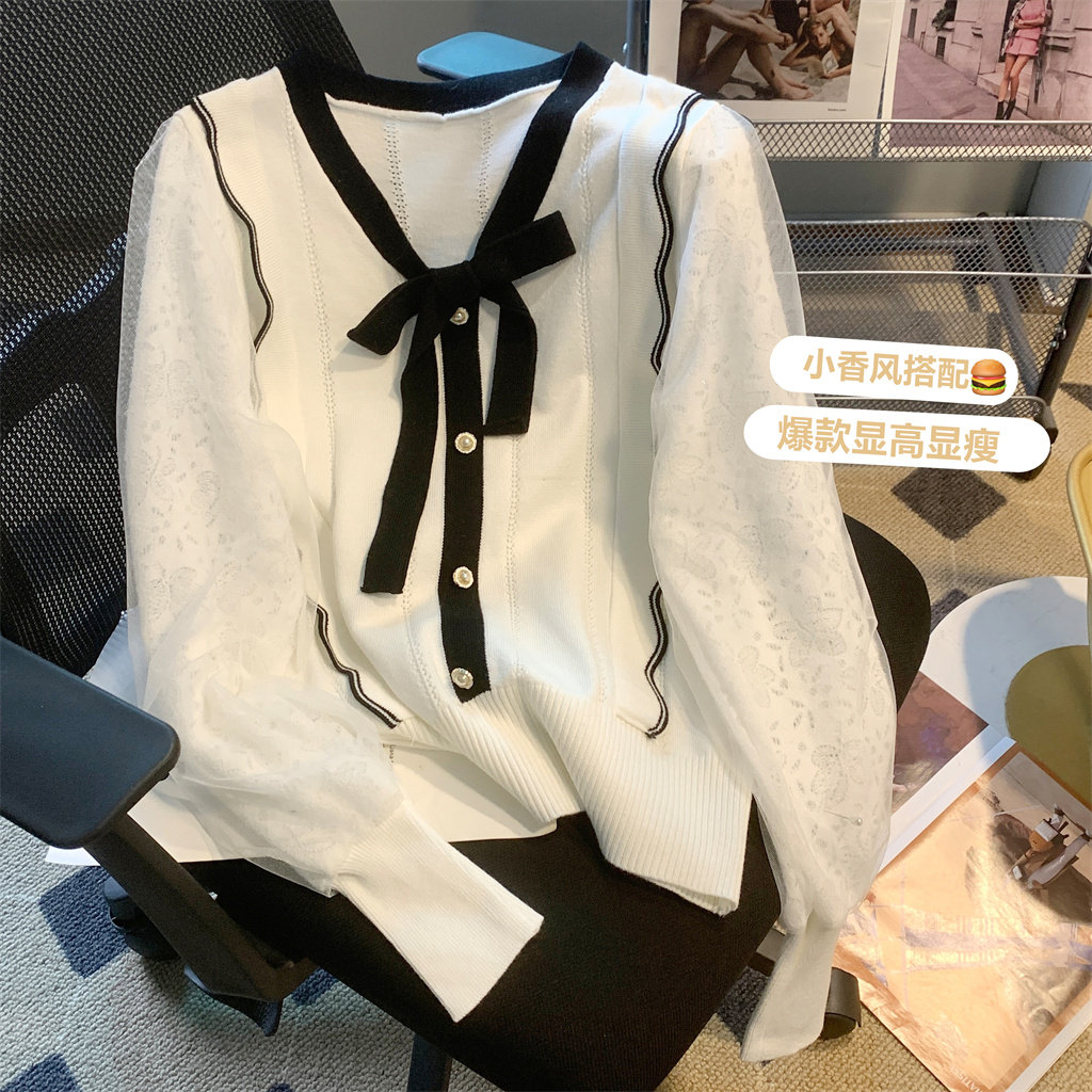 FRENCH VINTAGE SWEET MESH PANEL SHIRT WOMENS DESIGN SENSE NICHE LONG SLEEVE TOP BOW SWEATER KNIT