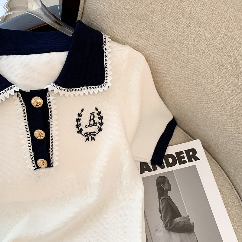 CLEARANCE PICK-UP COUNTER WITHDRAWAL WOMENS CONTRASTING POLO COLLAR EMBROIDERED KNITWEAR DESIGN SENSE NICHE CHIC TOP
