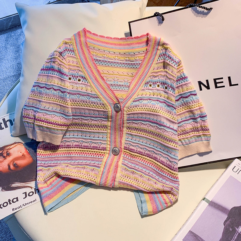 CLEARANCE PICK-UP SMALL FRAGRANCE THIN SHORT-SLEEVED KNITTED CARDIGAN WOMENS SUMMER DESIGN SENSE NICHE RAINBOW STRIPE CUT-OUT TOP