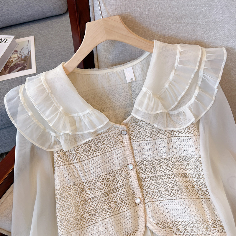 CLEARANCE PICKS UP BIG BRAND SPRING AND AUTUMN FRENCH DOUBLE-LAYER DOLL COLLAR SHIRT WOMENS DESIGN SENSE HOLLOW CROCHET VEST FAKE TWO PIECES