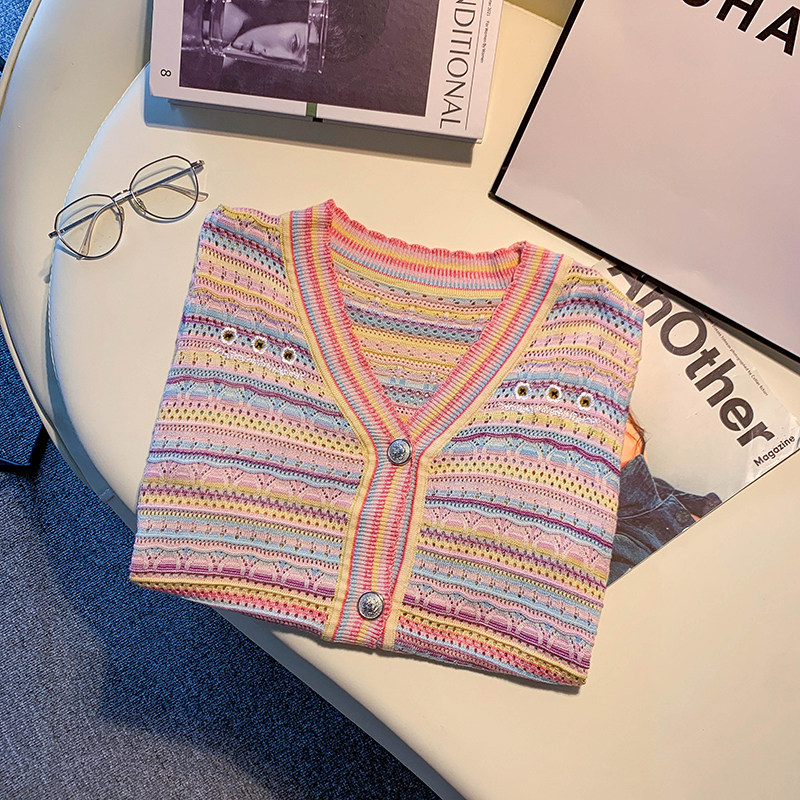 CLEARANCE PICK-UP SMALL FRAGRANCE THIN SHORT-SLEEVED KNITTED CARDIGAN WOMENS SUMMER DESIGN SENSE NICHE RAINBOW STRIPE CUT-OUT TOP