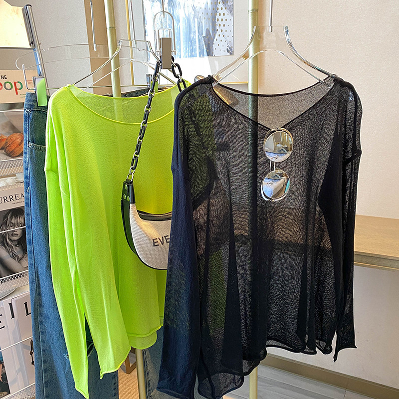 CLEARANCE AND LEAKAGE COUNTERS WITHDREW WOMENS AVOCADO GREEN ICE SILK KNITTED SUNSCREEN TOPS LONG-SLEEVED AND THIN BLOUSES