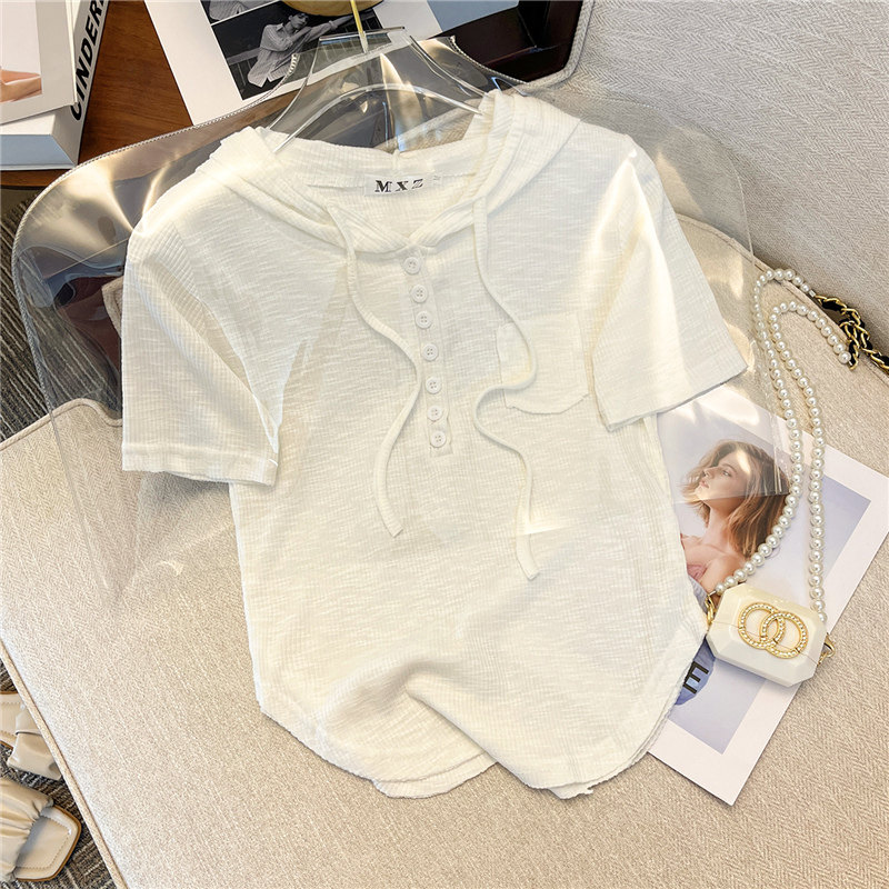 CLEARANCE PICK-UP LEAKAGE HIGH-END SENSE CHIC BEAUTIFUL HOODED T-SHIRT WOMENS SUMMER SHORT-SLEEVED IRREGULAR TOP UNIQUE CHIC SHIRT