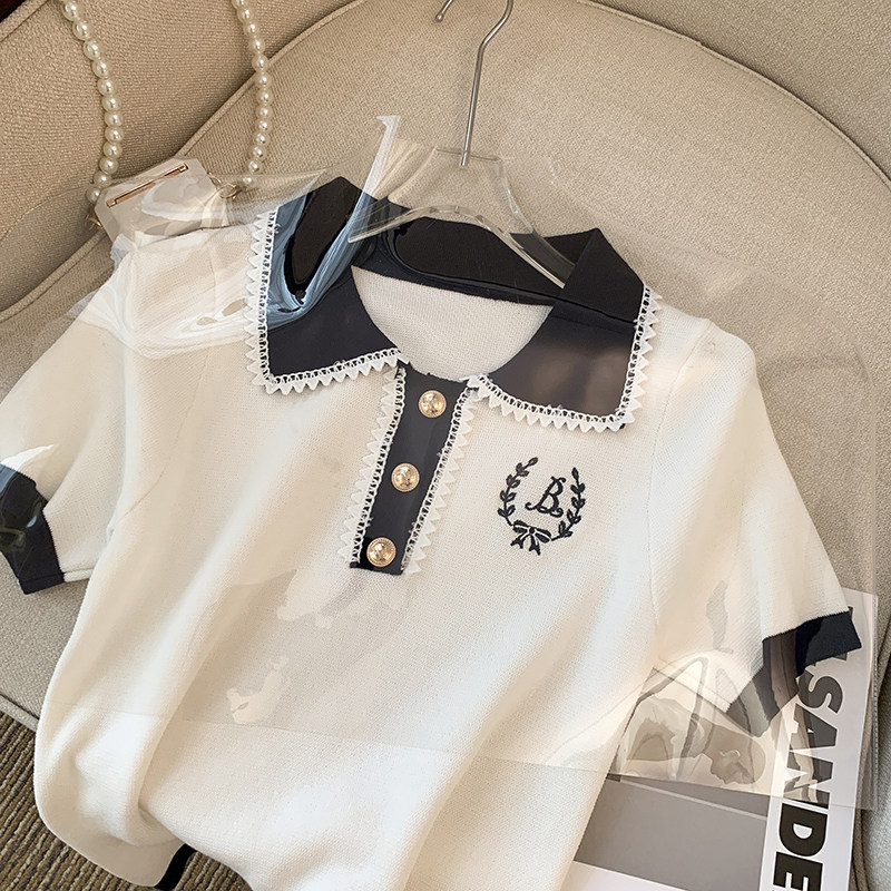 CLEARANCE PICK-UP COUNTER WITHDRAWAL WOMENS CONTRASTING POLO COLLAR EMBROIDERED KNITWEAR DESIGN SENSE NICHE CHIC TOP