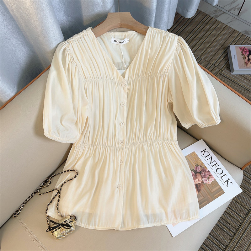 CLEARANCE PICK-UP COUNTER WITHDRAWAL WOMENS PLEATED WAIST PUFF SLEEVE SHIRT DESIGN SENSE CHIC BEAUTIFUL CHIFFON SHIRT