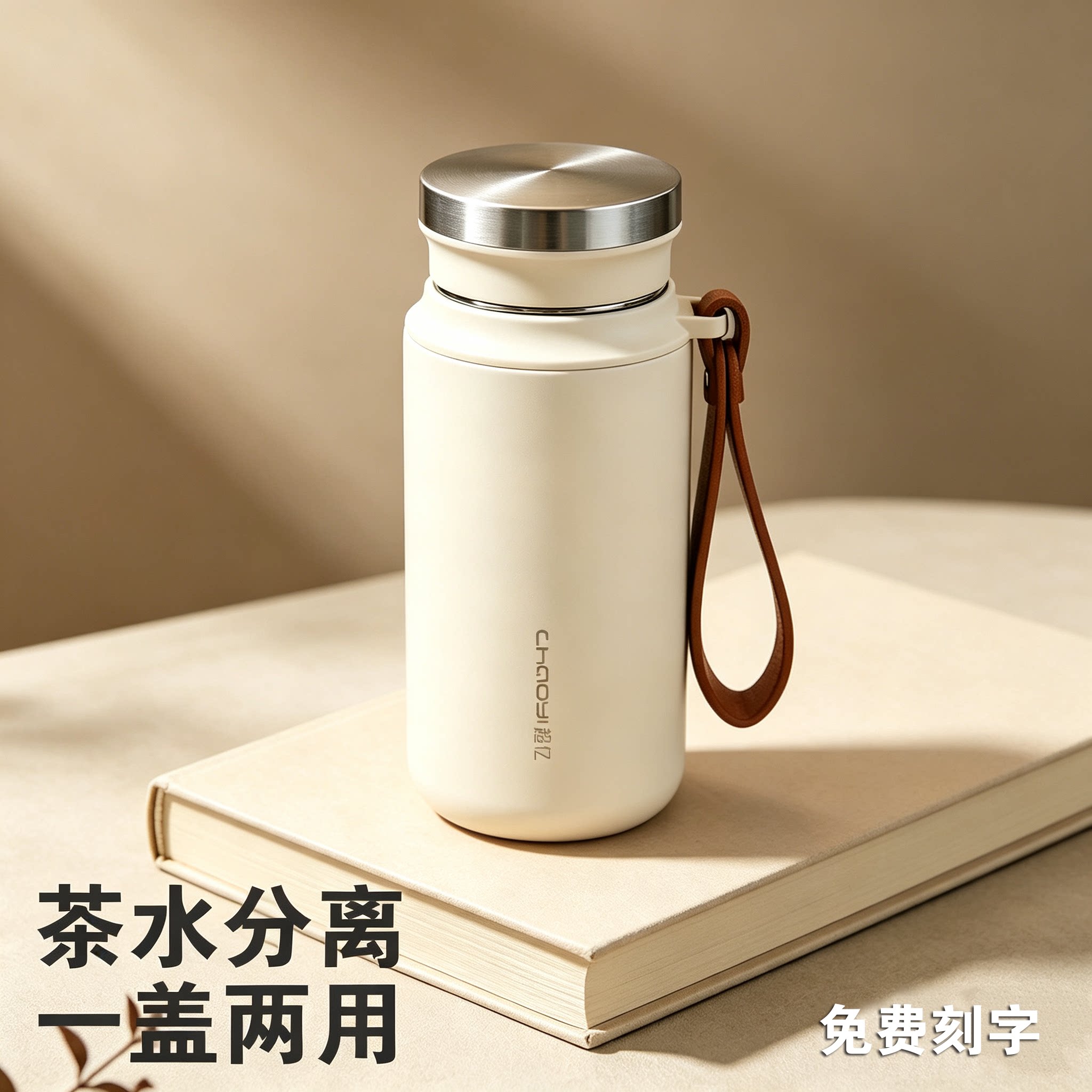 大容量茶水分离保温杯刻字带提绳