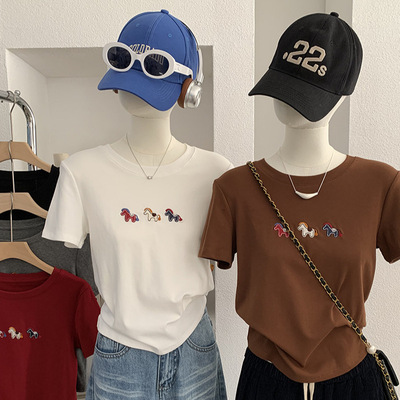 三只小马儿贴布刺绣圆领短袖正肩T恤春夏季韩版上衣女6581