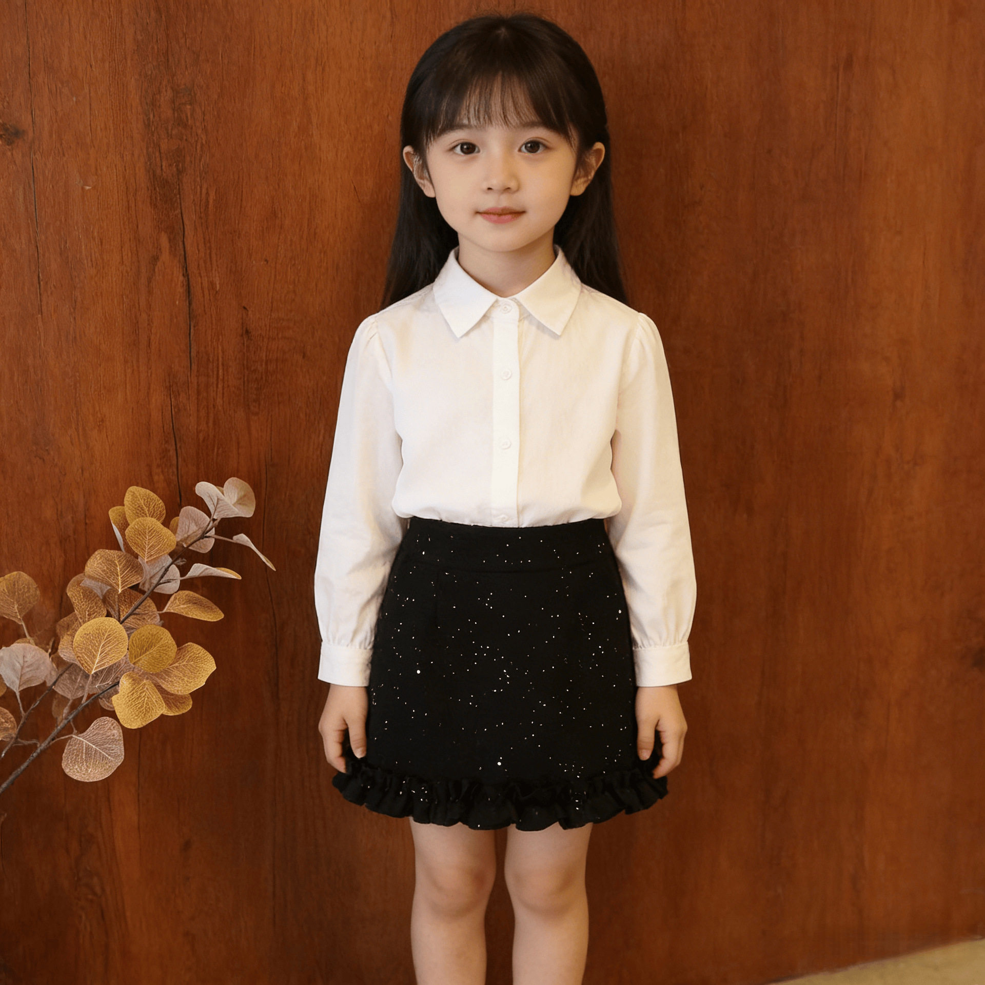 女童秋冬加厚毛呢半身裙套装女荷叶边A字短裙百搭新款公主裙潮