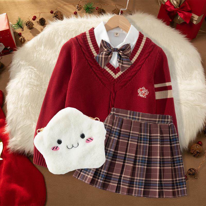 女童秋冬jk制服套装儿童半身裙女大童红色新款童装新年学院风裙子