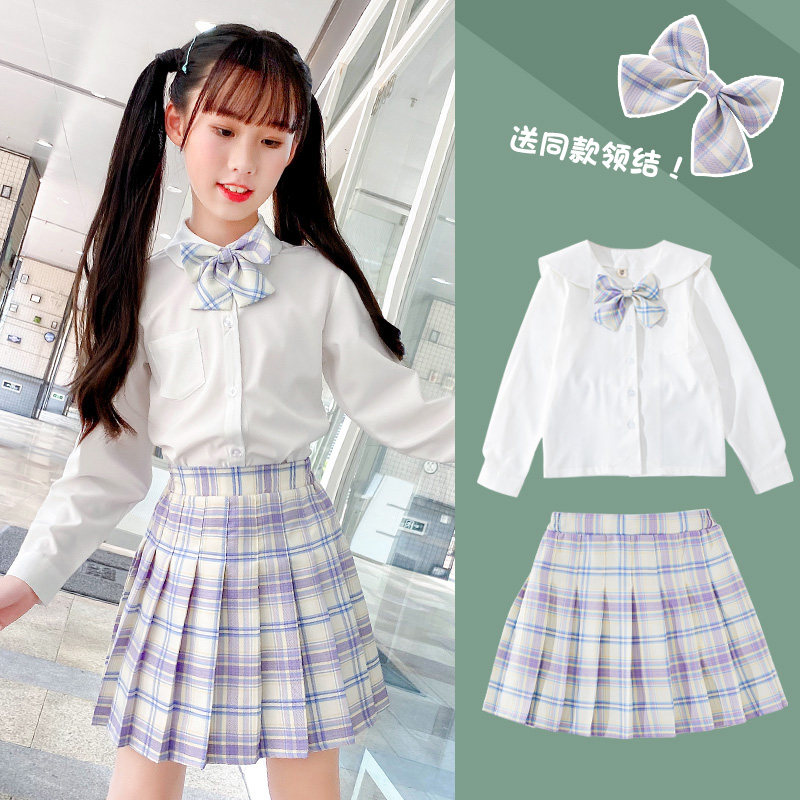 春秋女童jk制服套装秋季儿童百褶格裙小学生12岁中大童裙子正版