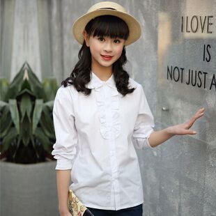 儿童衬衫白色长袖涤棉花边圆领春秋百搭中大童小学生校服女童衬衣