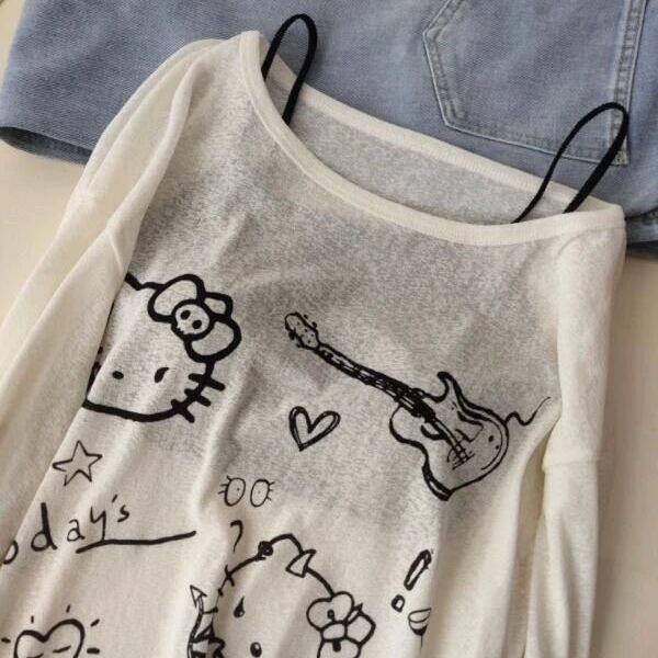 韩系显瘦设计感可爱卡通kt猫圆领长袖T恤女卫衣薄宽松防晒罩衫薄