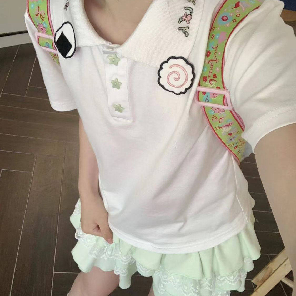 日系甜美polo短袖饭团鱼板刺绣可爱t恤短袖软妹百搭显瘦上衣女夏