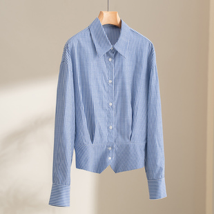 2026早春新款气质翻领抗皱免烫品质设计感收腰高腰条纹衬衫上衣女