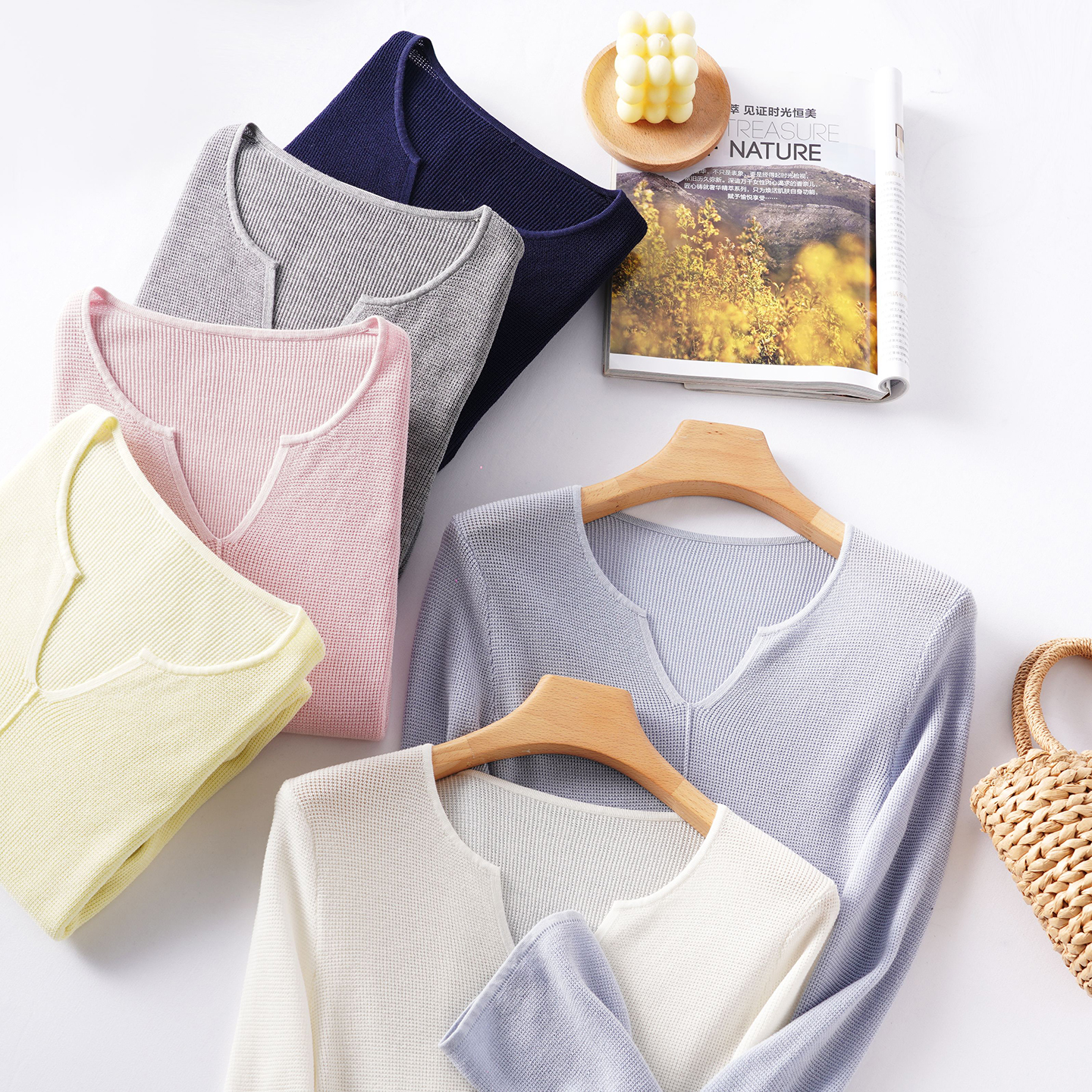 天丝羊毛桑蚕丝V领长袖针织衫女2025春秋款修身显瘦下摆开叉上衣