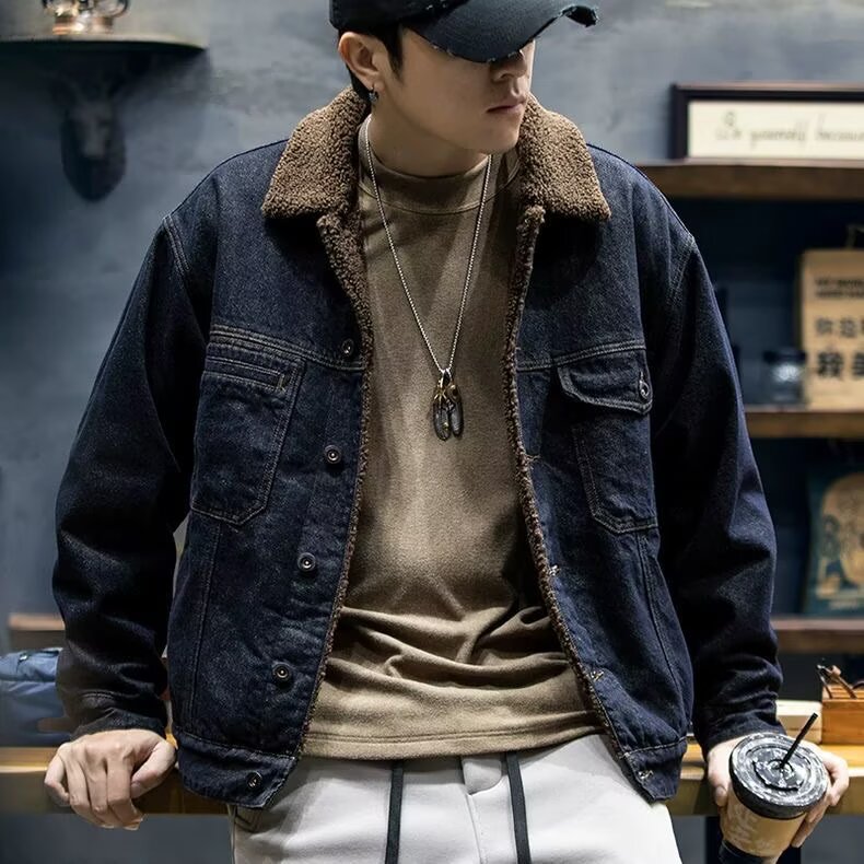 冬季2025新款美式复古棉服男士工装夹克棉衣颗粒绒短款牛仔外套男