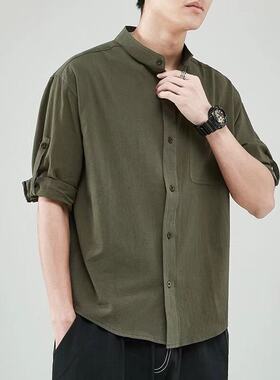 七分袖衬衫男夏季韩版潮流立领帅气亚麻短袖衬衣中袖棉麻寸衫男士