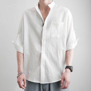 男短袖 外套半袖 夏季 休闲青年立领宽松棉麻男士 上衣中国风 薄款 衬衫
