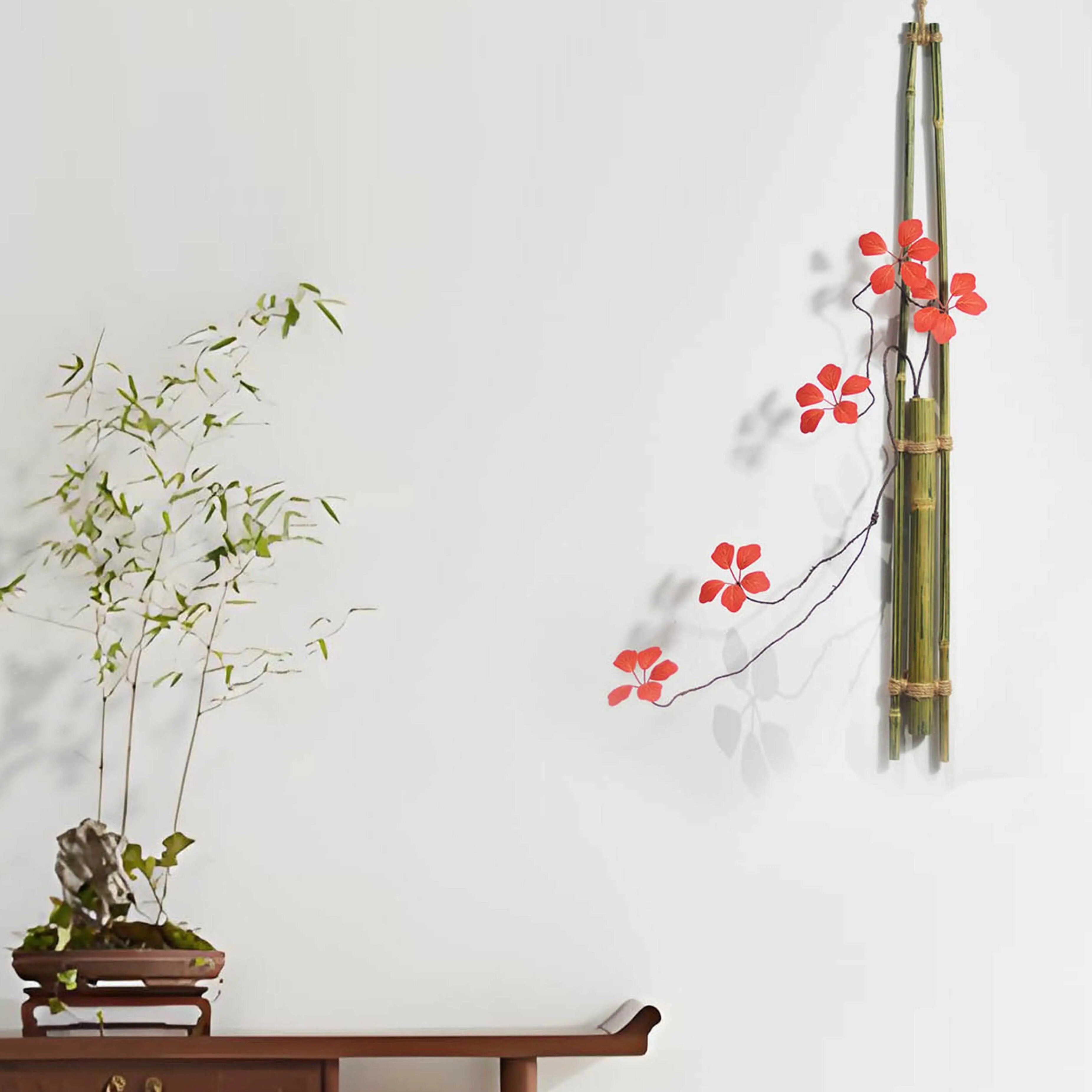 竹制墙壁面挂插花器竹制花道新中式家居仿真观音莲枝装饰绿植造景