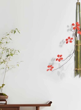 竹制墙壁面挂插花器竹制花道新中式家居仿真观音莲枝装饰绿植造景