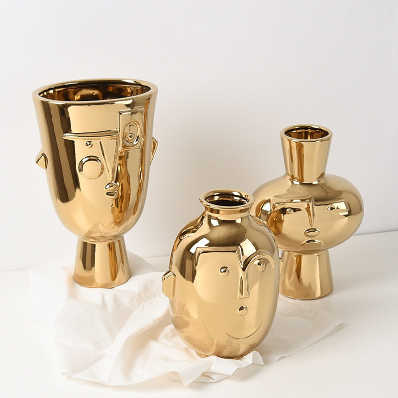陶瓷花瓶电镀金色创意抽象人脸干花鲜花插花花器样板房饰品摆件