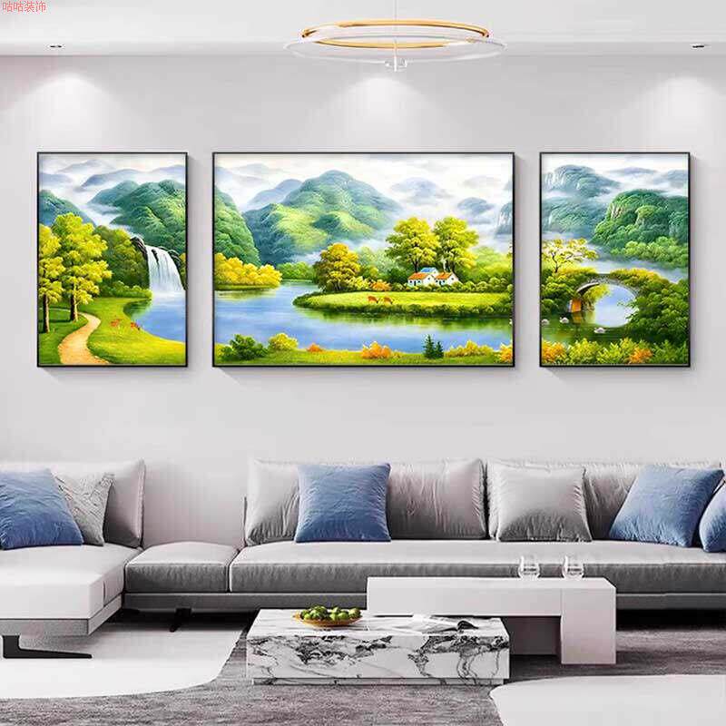三联画简约2026新款壁画客厅背景墙装饰画现代山水画挂画沙发大气