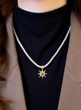 美拉德太阳花虎眼石珍珠项链女复古高级感轻奢毛衣链气质百搭配饰