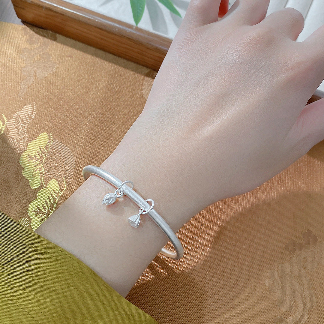 两世欢银手镯银饰999纯银古法素圈实心纯银足银手镯 生日礼物老婆