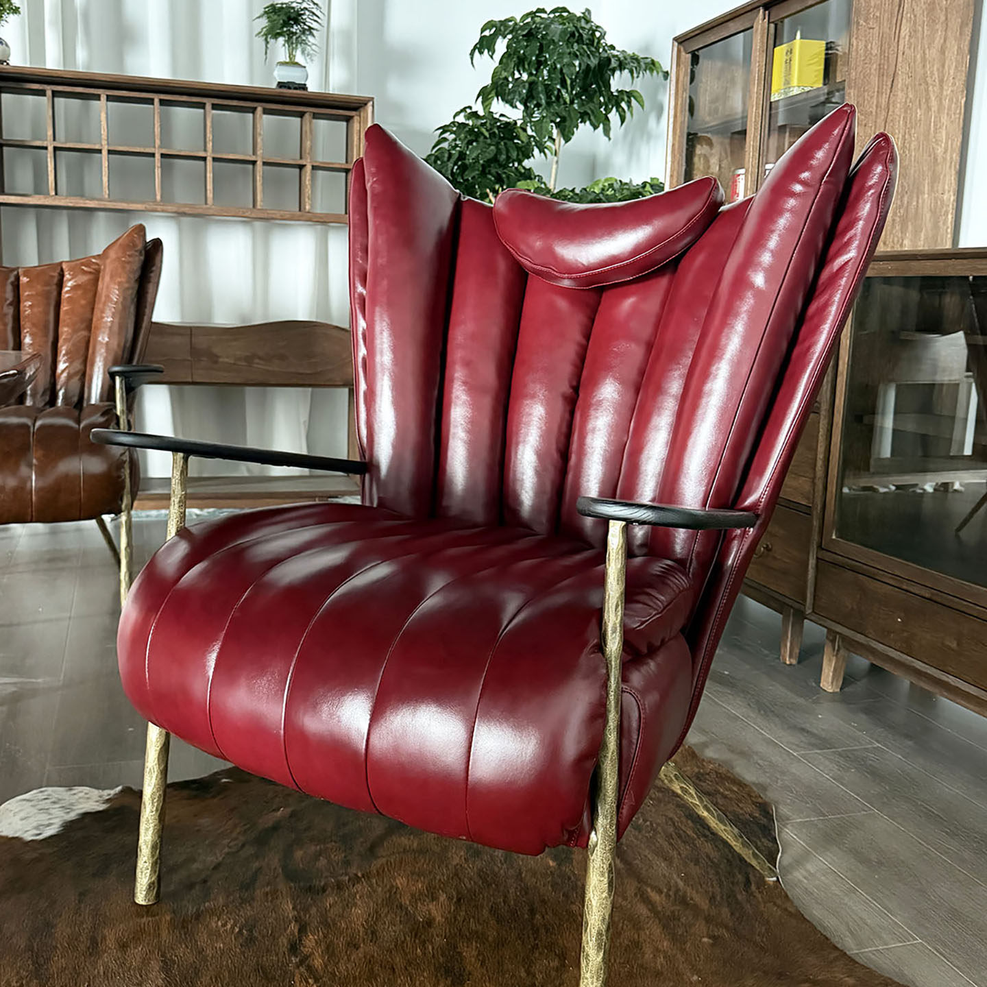 茶室主人椅休闲椅头层牛皮中古风油蜡真皮单椅轻奢复古单人沙发椅