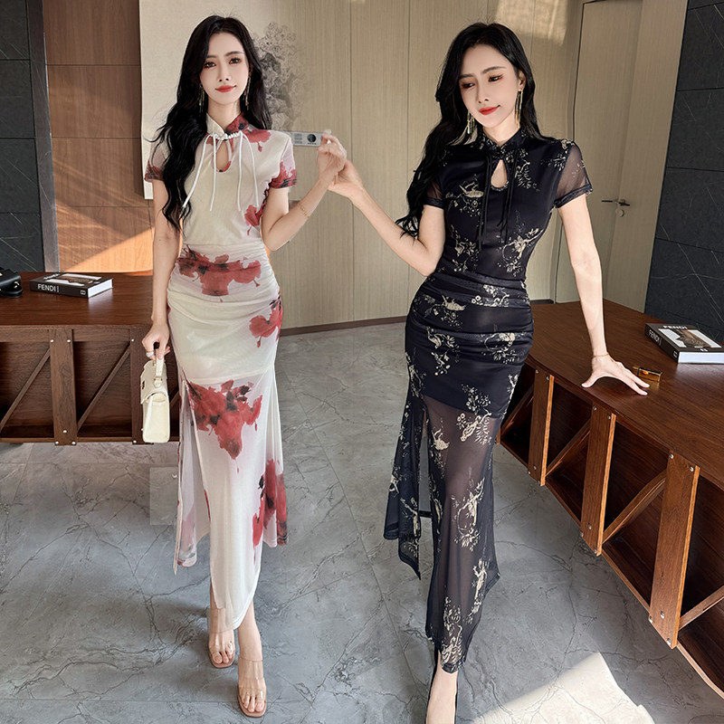 茶艺师碎花长款改良版旗袍长裙采耳师养生馆时尚洋气收腰网纱工衣
