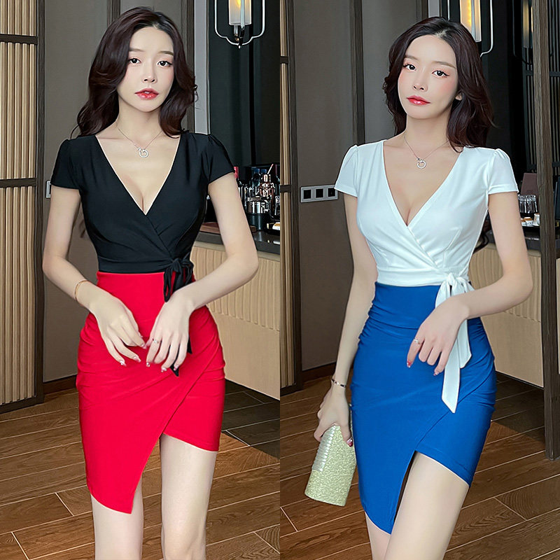 新款夜店性感低胸桑拿小姐服遮肚显瘦包臀连衣裙足浴技师工作服夏