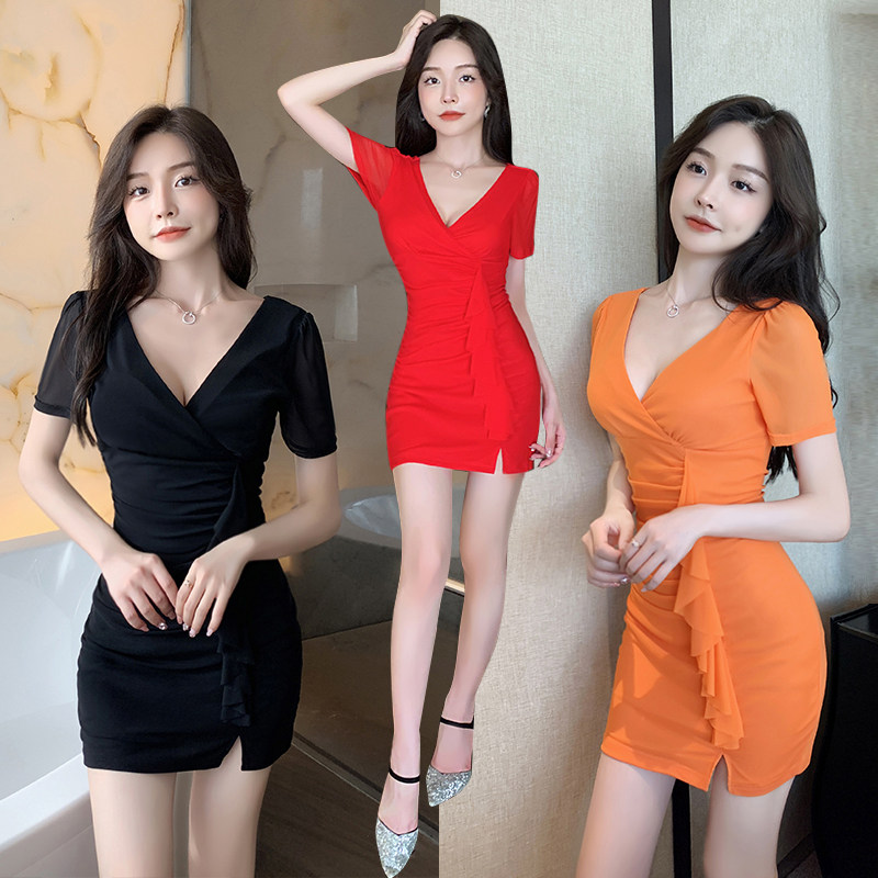 按摩会所足疗技师工作服夜店女装性感低胸包臀连衣裙KTV小姐工衣