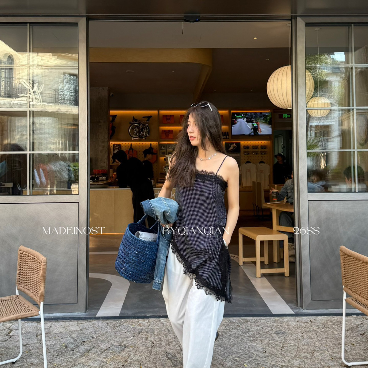 MADEIN OST-26年早春复古连衣裙波点蕾丝拼接斜边连衣裙91216