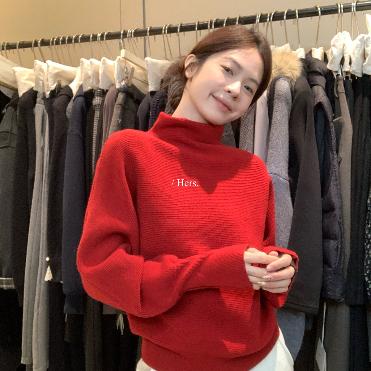 Hers-冬上新韩标极简气质日常通勤半高领蝙蝠廓形毛衣92755#
