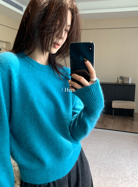 Hers-2025秋上新韩标简约百搭小众蓝色日常通勤纯色保暖毛衣92407