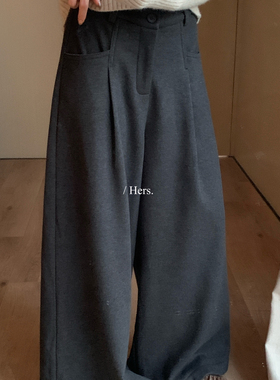 Hers-冬上新韩标简约日常百搭压褶加厚加绒阔腿休闲裤92750#