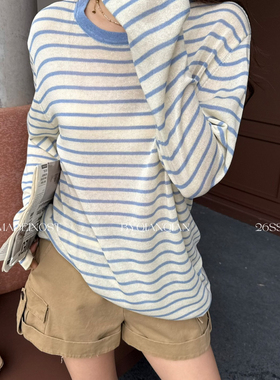 MADEIN OST-26年早春12亚麻天丝英伦休闲条纹针织衫S8930