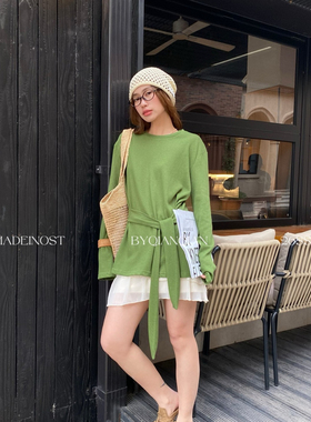 MADEIN OST-26年春慵懒休闲时尚长袖棉麻空气感绑带长袖T恤91201