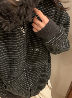 Hers-冬上新简约日常休闲调性加绒加厚条纹毛毛连帽卫衣外92633#