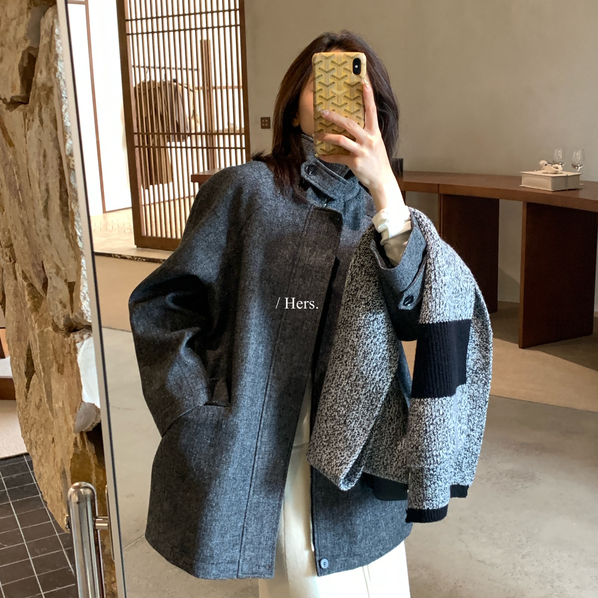 Hers-冬上新简约日常休闲调性痞酷街头巴恩风外套夹棉夹克92490#