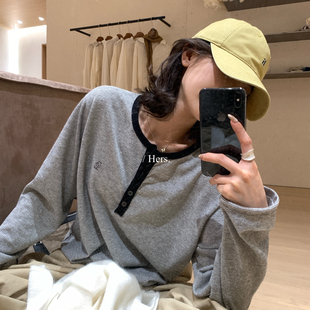 Hers T恤80302 夏上新简约日常休闲慵懒条纹小刺绣长袖