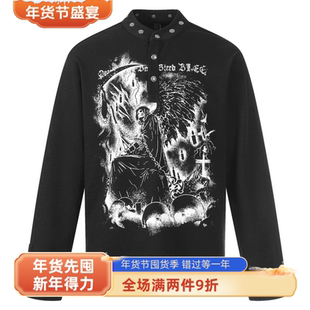 轻奢高级感老钱风轻亚朋克中领金属扣印花宽松短款老钱长袖T恤男