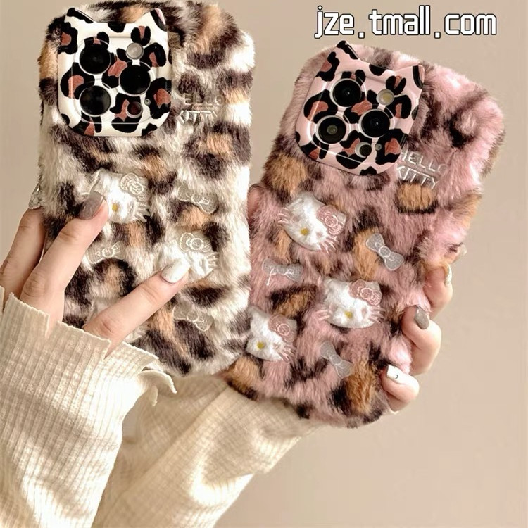 秋冬季新款豹纹hello kitty毛绒oppo a6i女款a5a3x/A2m手机壳Findx9/8s+/7/6个性OPPO Reno14pro/13/12/11/10