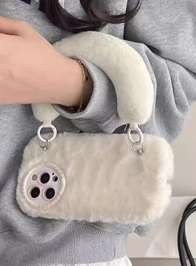 秋冬百搭白色a57手提绳A58x时尚a97手机壳V70S女款V50毛绒v60S真我NEO7se/gt6/5手机壳Realme14pro+/13/12/11