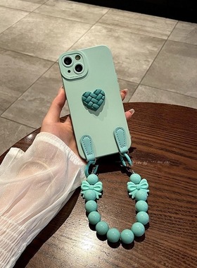小清新绿色小爱心带珠子手绳适用华为nova11/10/9pro/8se/7/6保护套软网红magic5pro/4/3荣耀play6t/5t手机壳