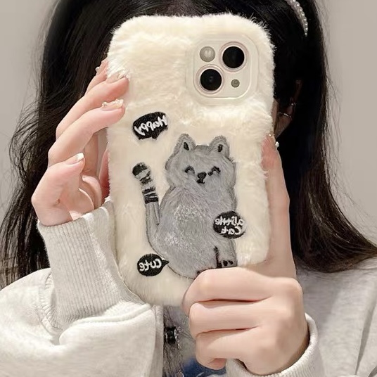 ins风秋冬季毛绒小猫咪oppo a6i白色a5个性a3x可爱A2m手机壳Findx9/8s+/7/6男女OPPO Reno14pro/13/12/11/10